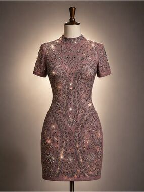 Fashion Nova Mauve Beaded Short Sleeve Mini Dress